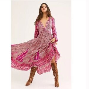 NWT Free People Happy Feelings Midi Dress Pink Floral Bohemian Dress Medium